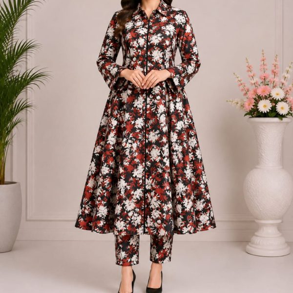 Digital print A line frock with strait paints
