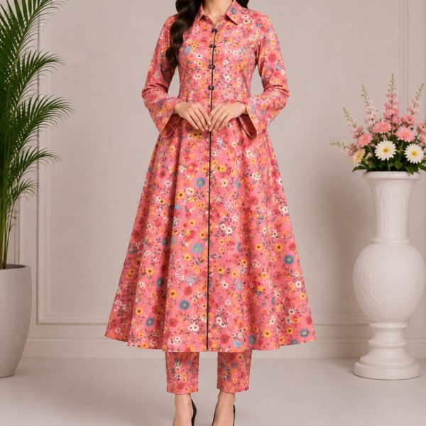 Digital print A line frock with strait paints