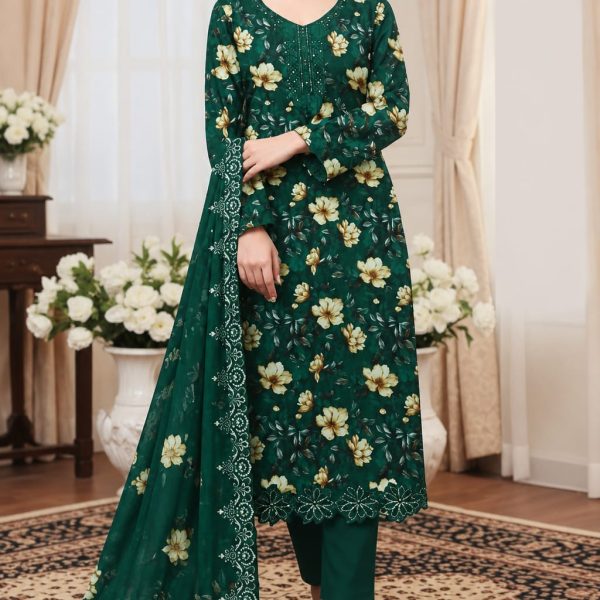 Digital Printed Embroidered neck & borders Shirt with Plain Trouser on Dorya Lawn shafun Embroidered dubbata