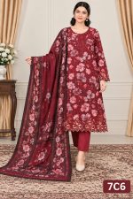 Digital Printed shirt Embroidered neck & border with Plain Trouser on Dorya Lown
