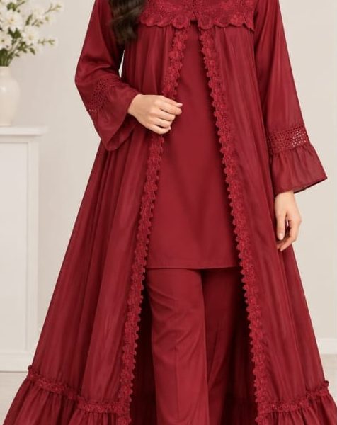 Solid Plain with Embroidered Lace Work (Gown, Inner & Trouser)