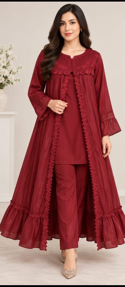 WhatsApp Image 2026-09-06 at 2.50.48 PM Solid Plain with Embroidered Lace Work (Gown, Inner & Trouser) - Image 1